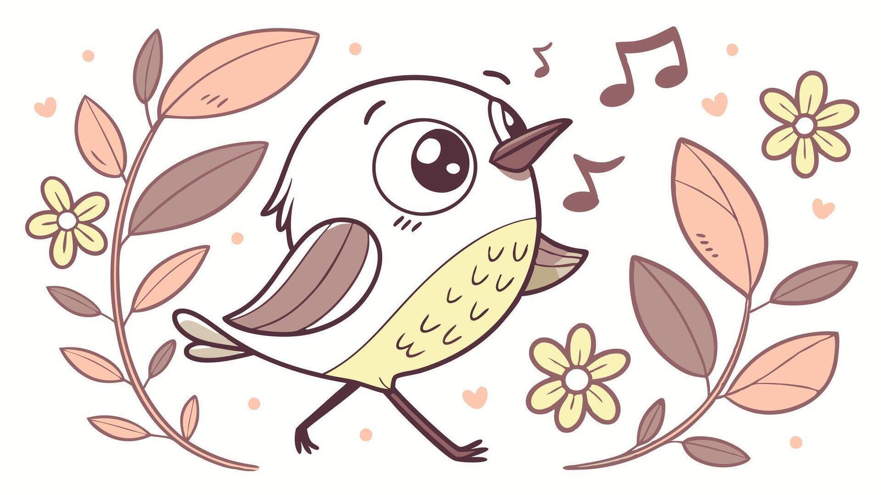 Cute little bird singing with flowers and music notes illustration vector