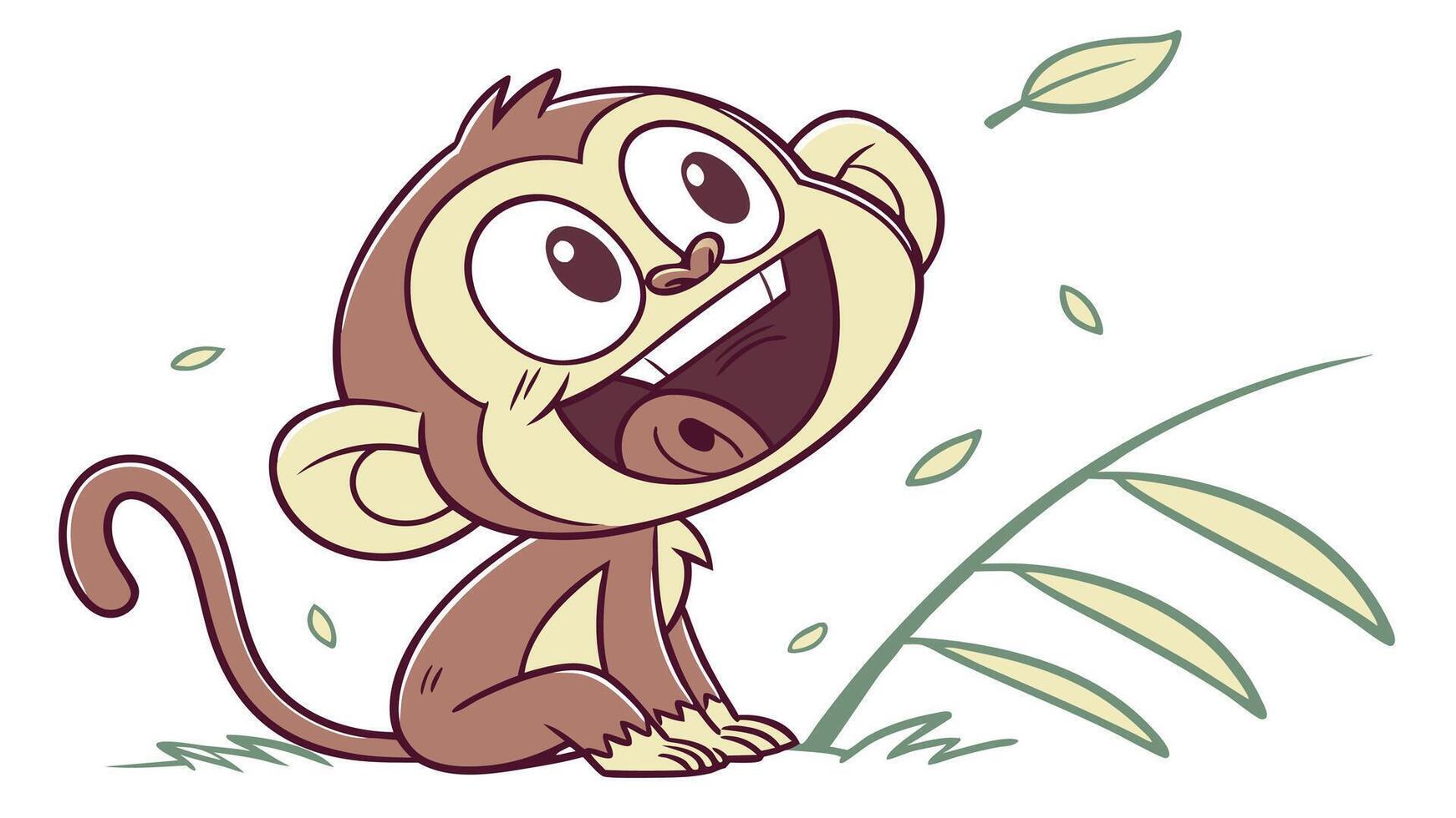A cartoon monkey sitting in the grass with leaves vector