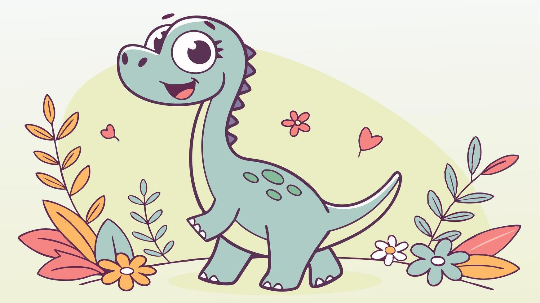 Cute cartoon dinosaur with flowers and leaves vector