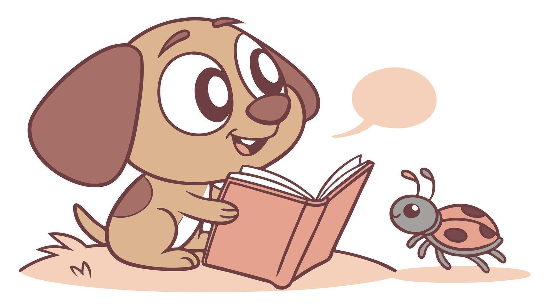 A cartoon dog reading a book with a ladybug vector