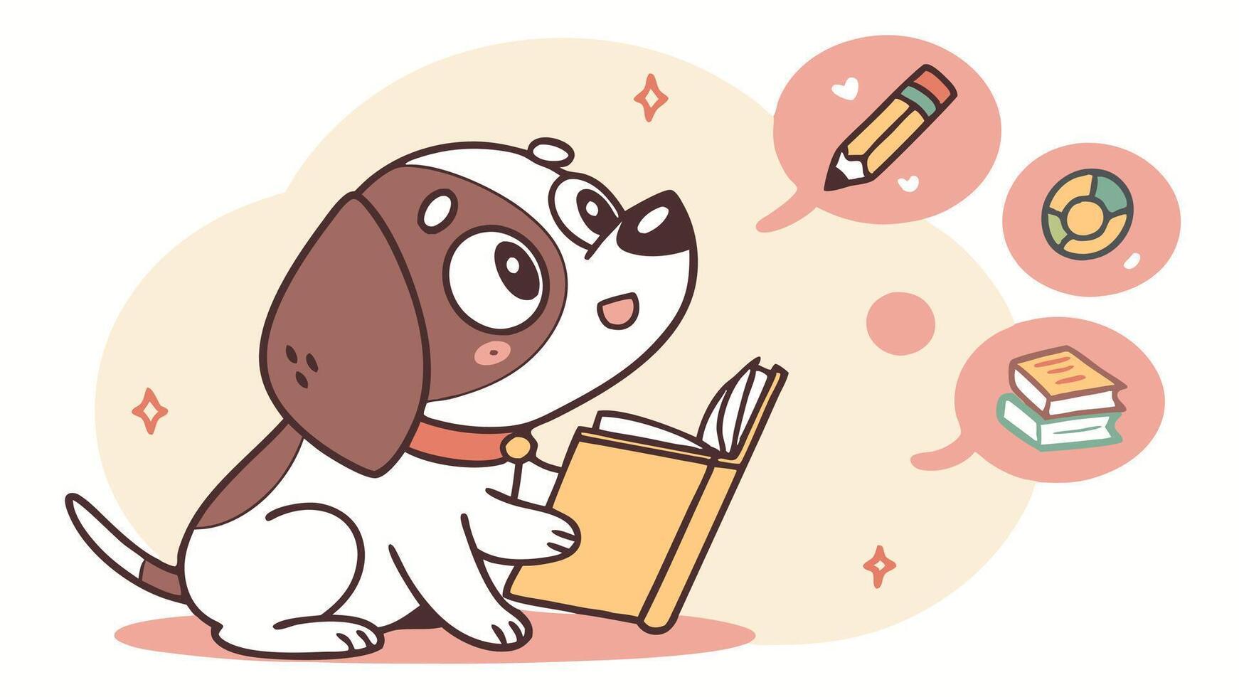 A cartoon dog reading a book with a pencil and a pen vector