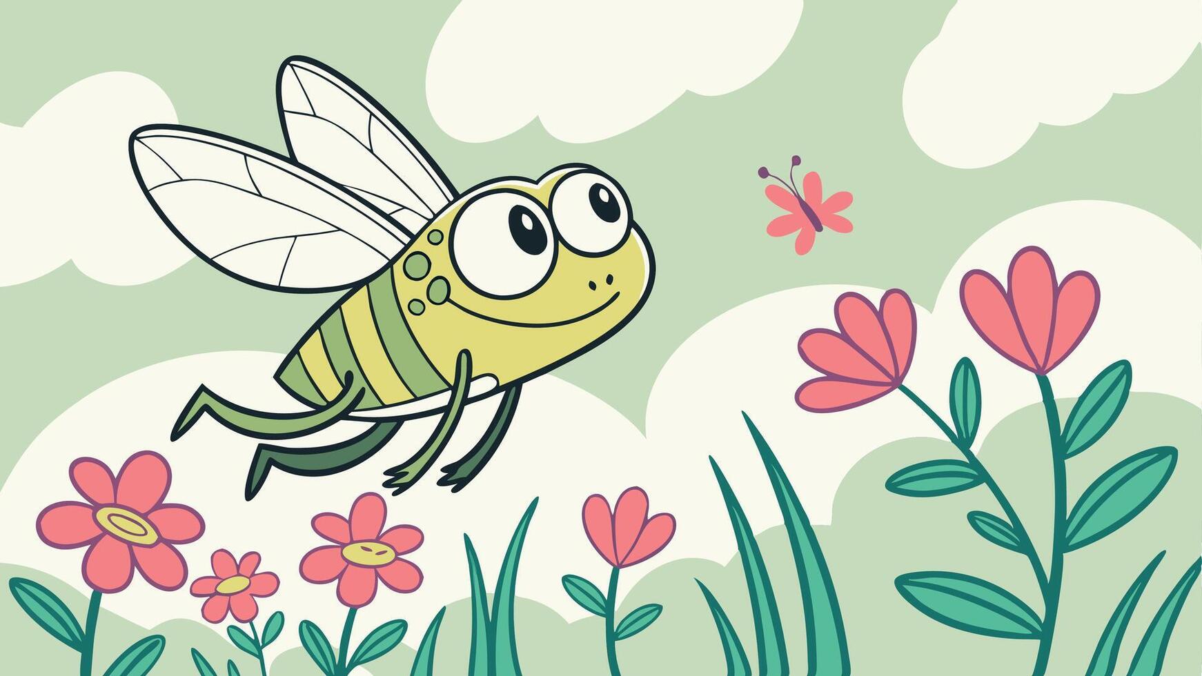 A cartoon bee flying over flowers and grass vector