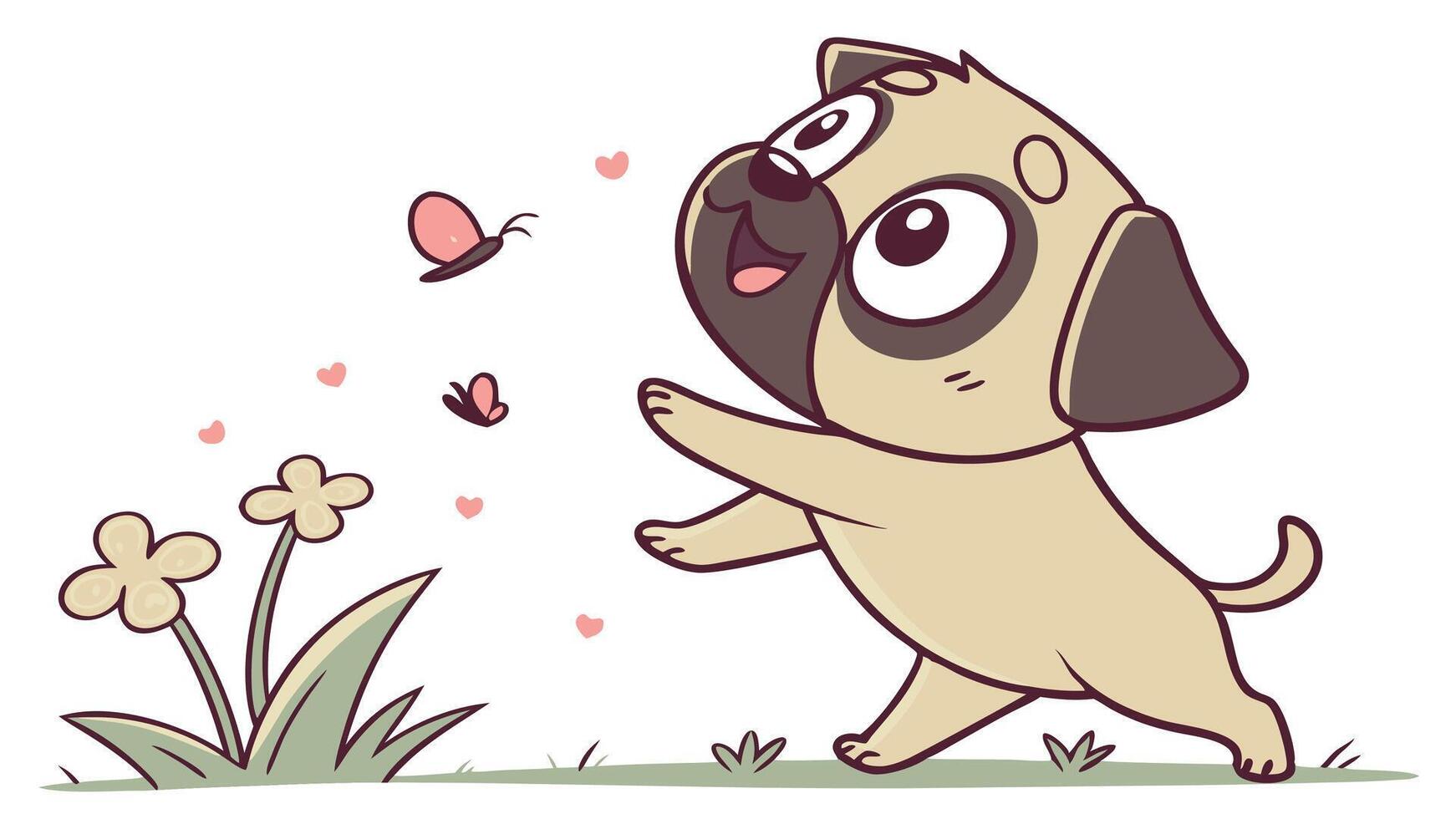 A cartoon pug dog with butterflies in the background vector