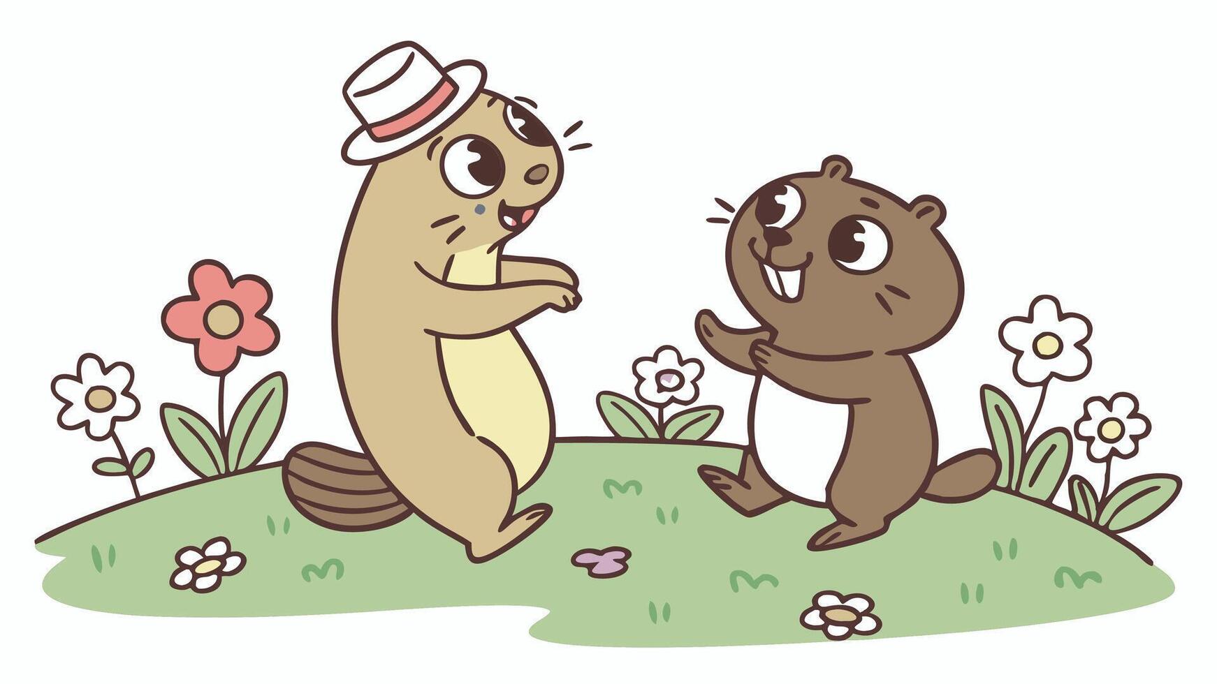 Two ground squirrels are playing in the grass vector