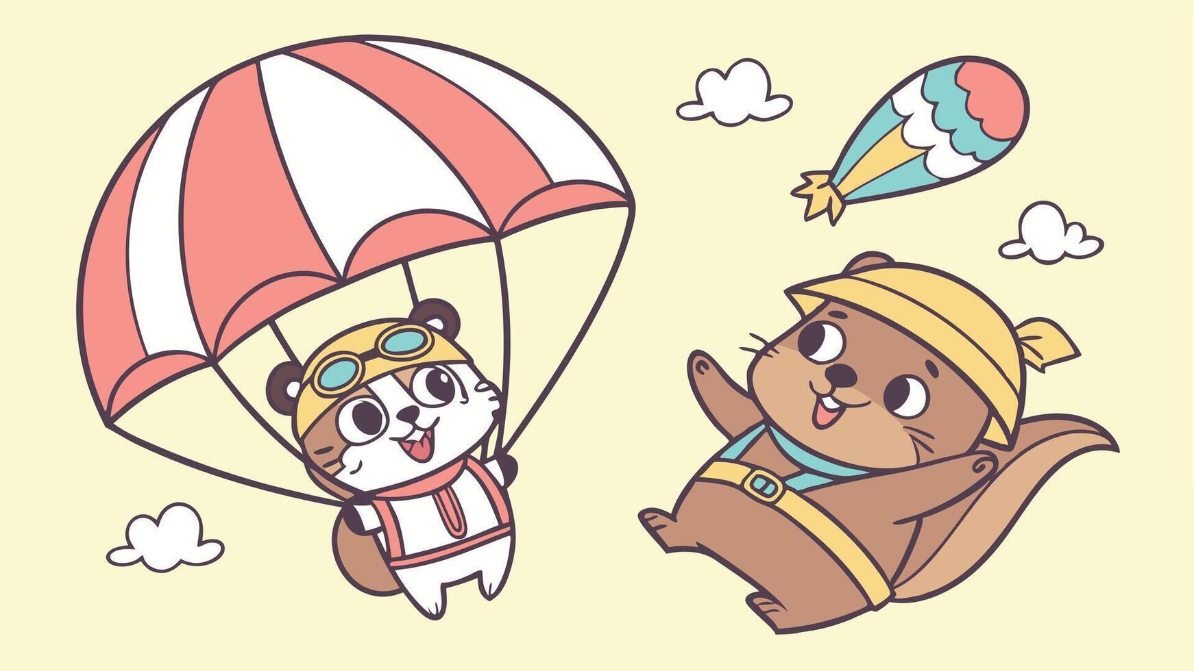 Two cartoon animals flying with parachutes vector