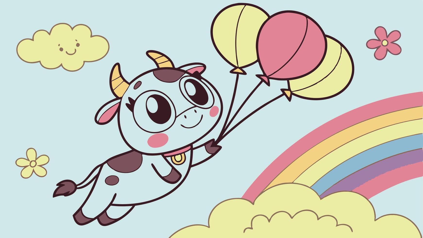 Cartoon cow flying with balloons in the sky vector