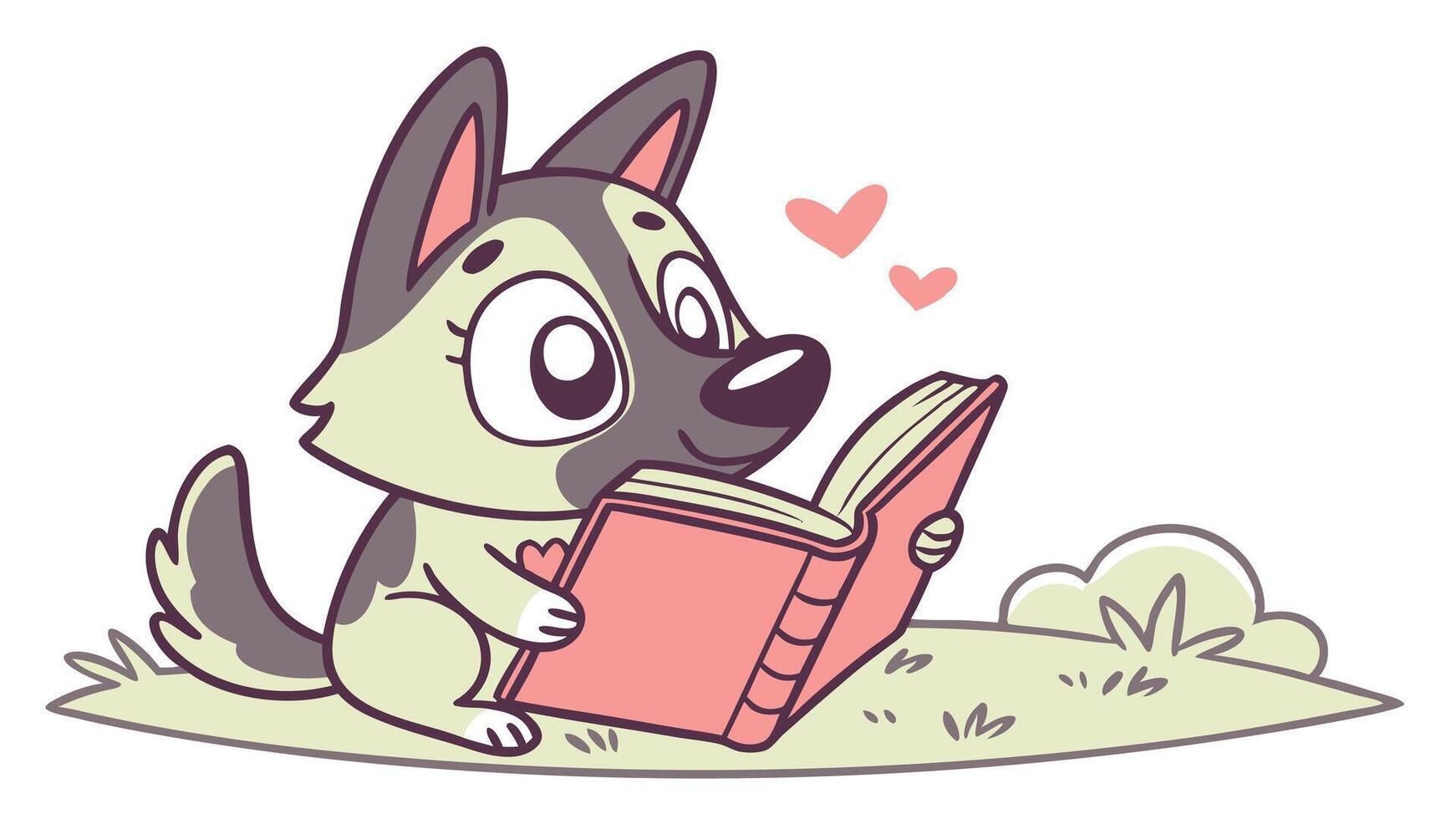 A cartoon dog reading a book with hearts vector