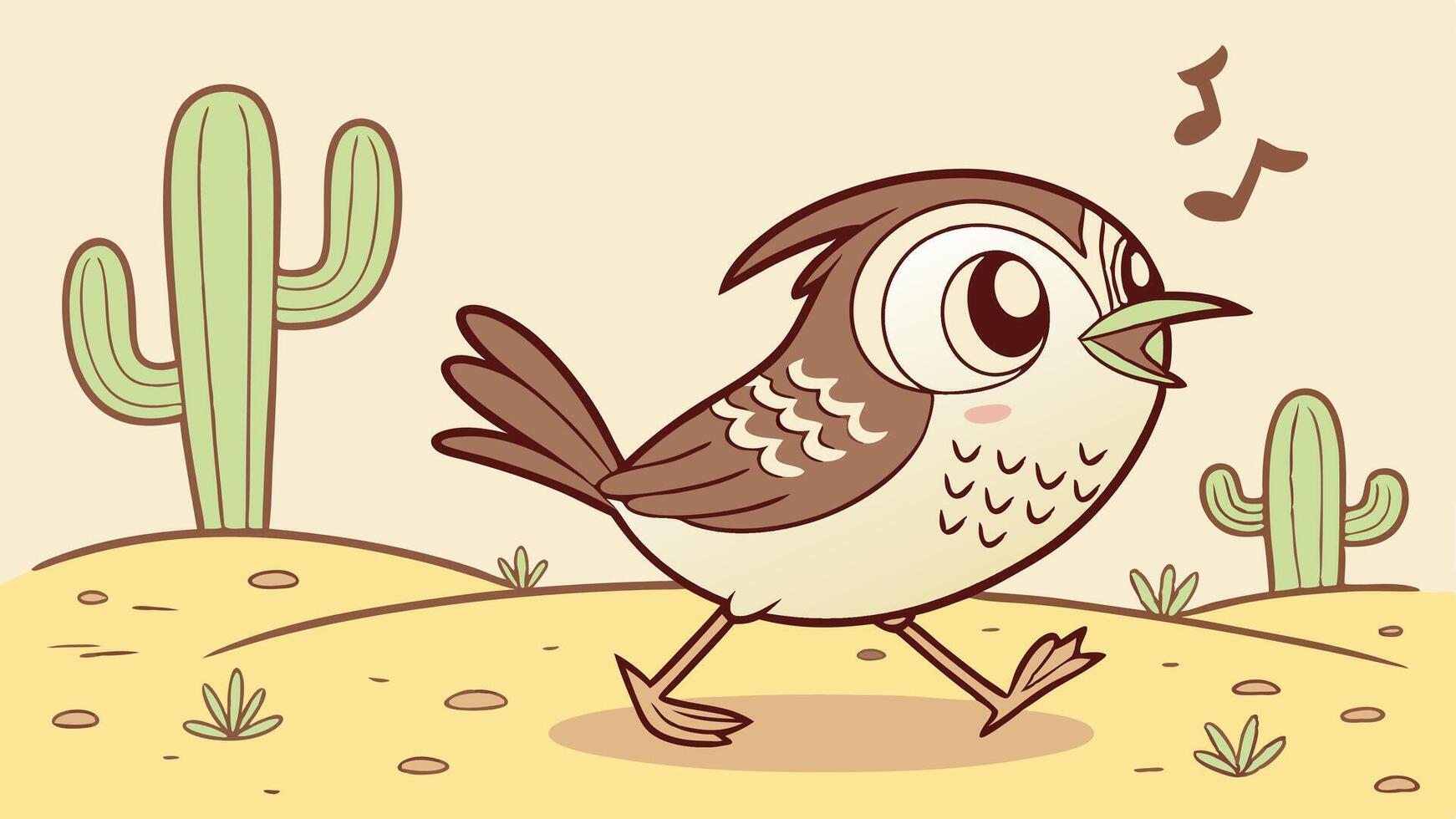 A cartoon bird singing in the desert with cactus vector