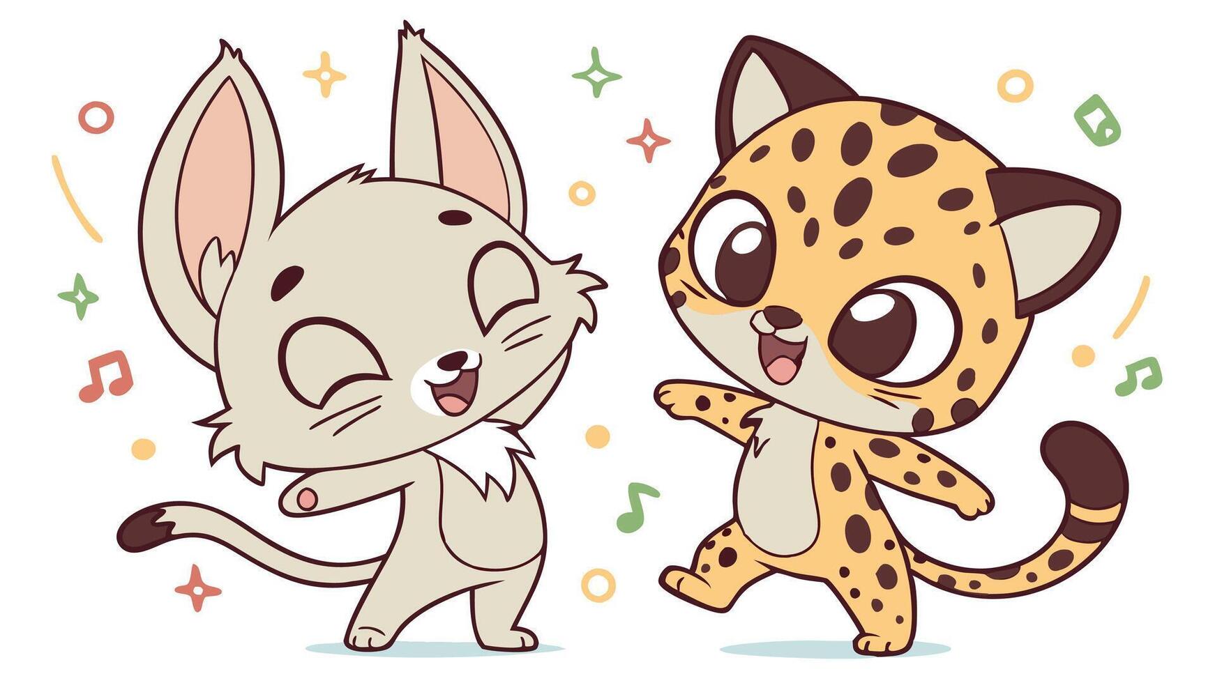 Two cartoon animals dancing together with music notes vector