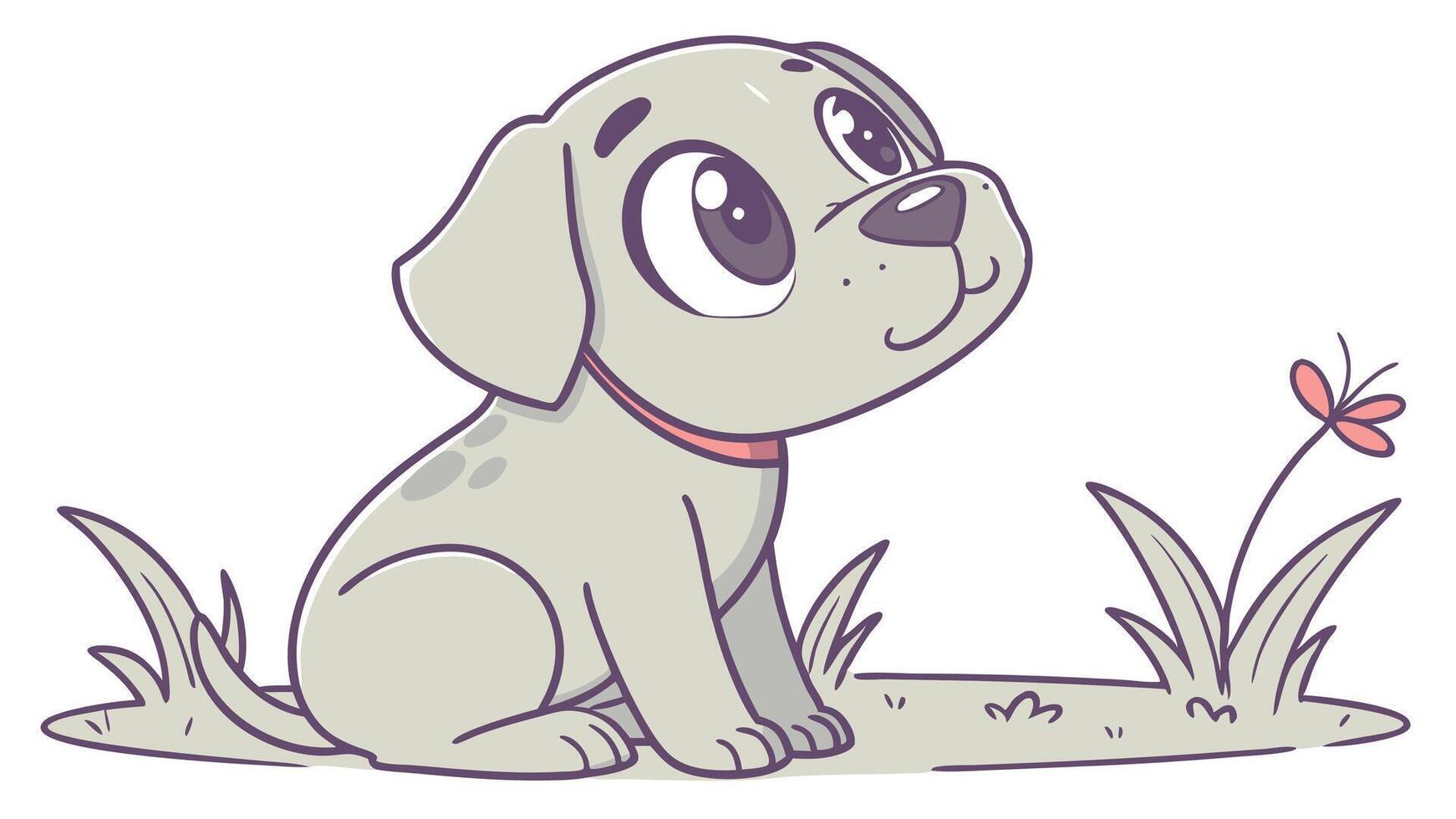 Cartoon dog sitting in grass with butterfly vector