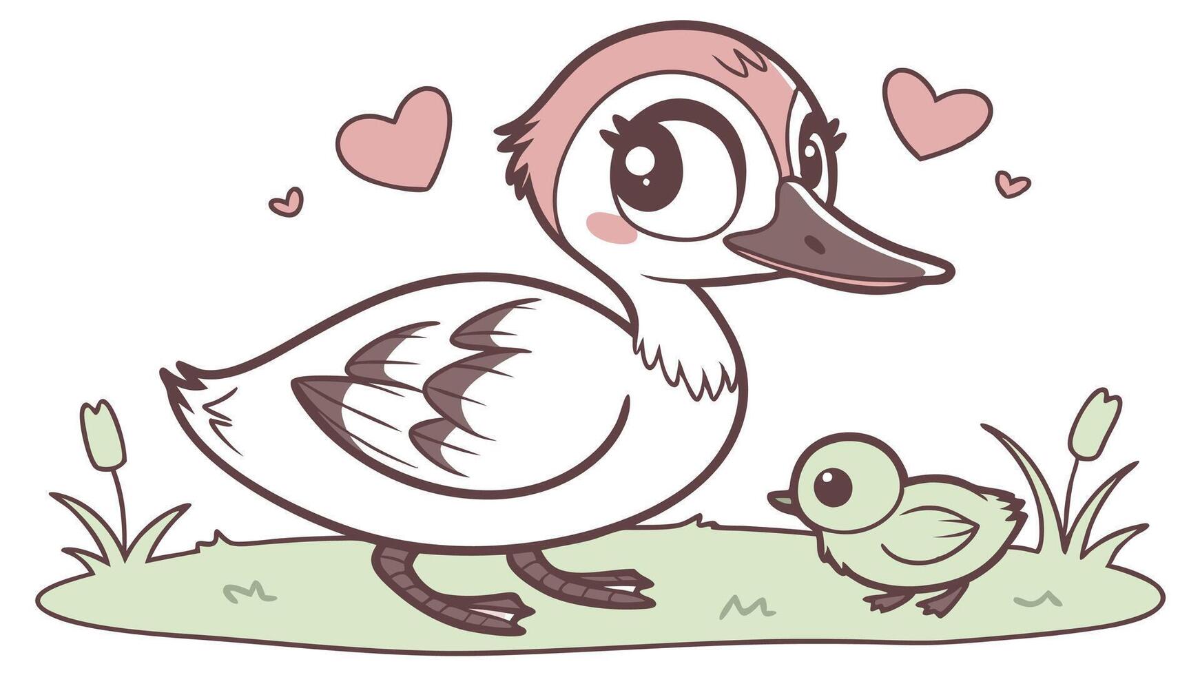 A cartoon duck with a baby duck in the grass vector