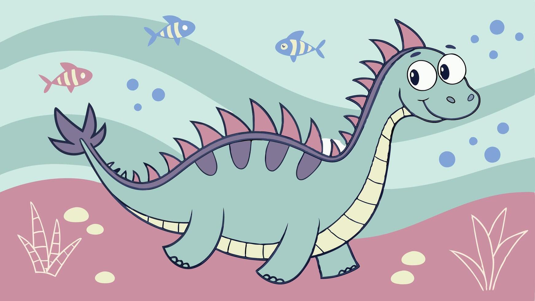 A cartoon dinosaur with a blue and pink background vector