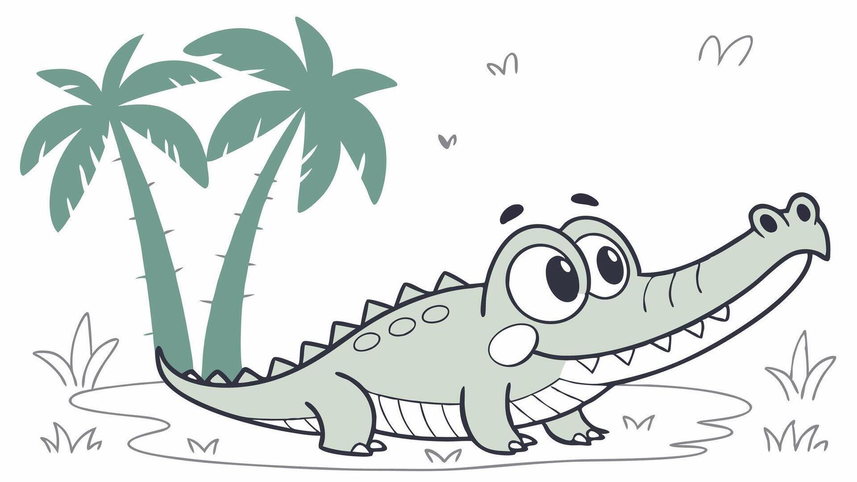 Cute cartoon crocodile with palm trees illustration vector