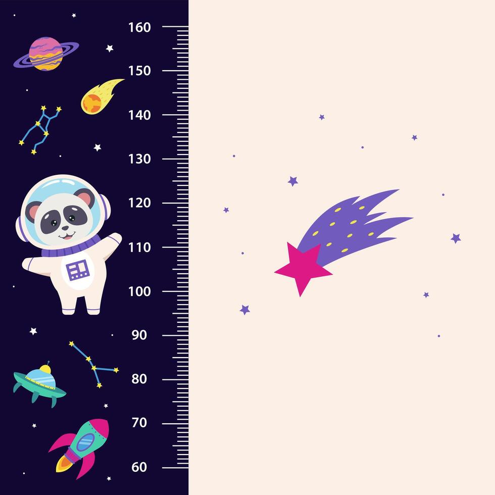 Space animals. Height chart for children with space elements and animal astronaut panda. vector