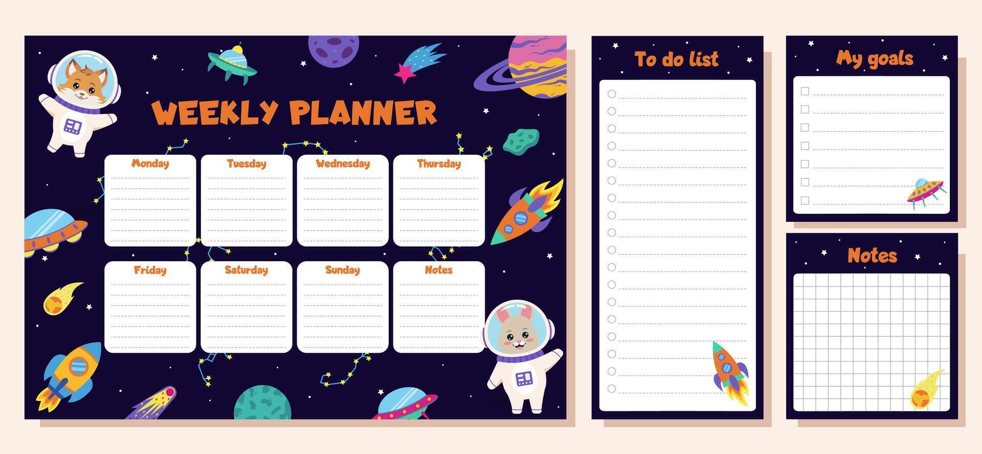 Space animals. Weekly planner, to do list, goals and notes. Set with space elements and animals astronauts. vector