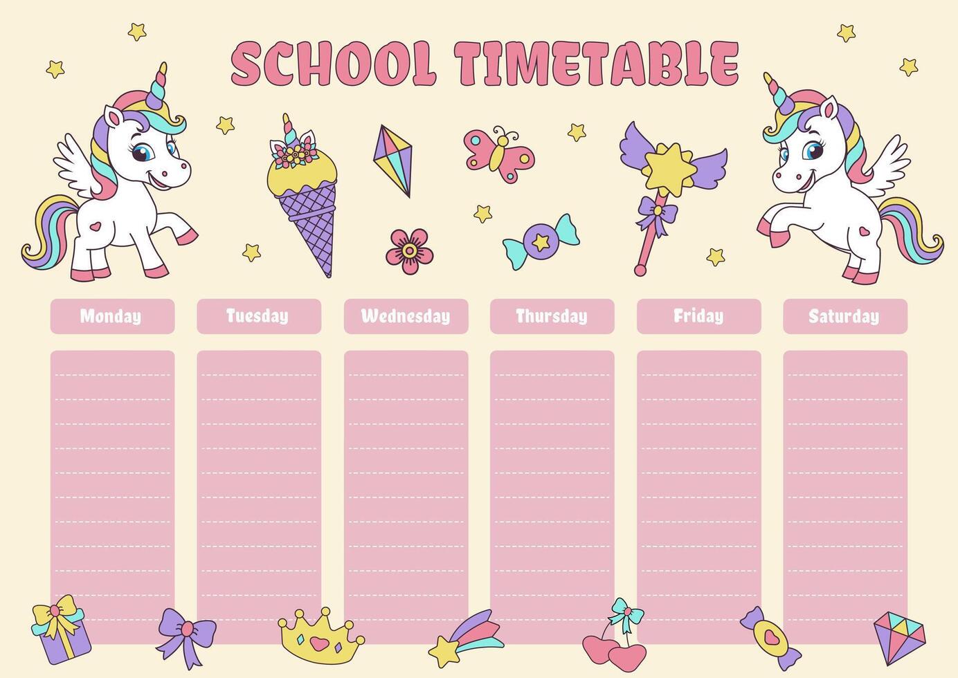 School timetable. Unicorn concept. Timetable with magic elements and unicorns. vector