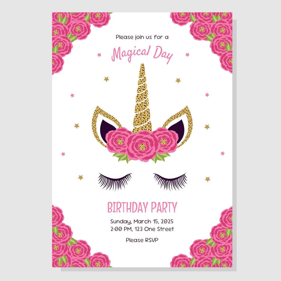 Unicorn birthday party invitation, greeting card. Invitation with unicorn elements and roses. vector