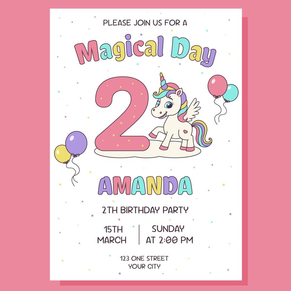 Unicorn invitation. Birthday party invitation card with unicorn and birthday anniversary number. vector