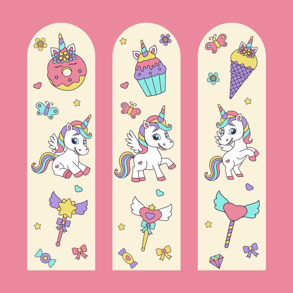 Unicorn set of bookmarks. Bookmarks with magic elements and unicorns. vector