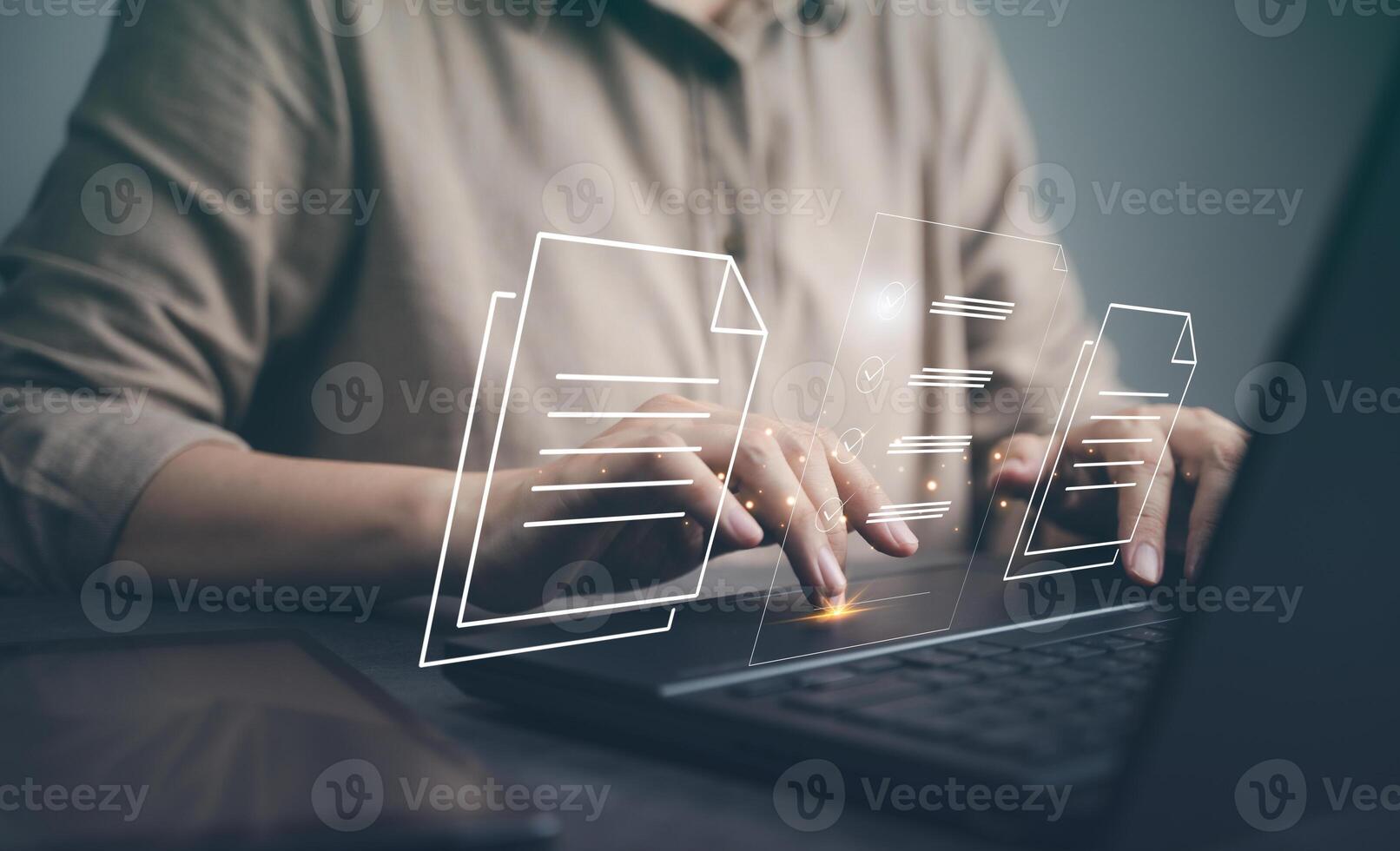 Document management system, DMS. Woman use laptop in business arrange database folder in office. Concept of cyberspace security software use in paperwork on cloud server, documentation platform report photo
