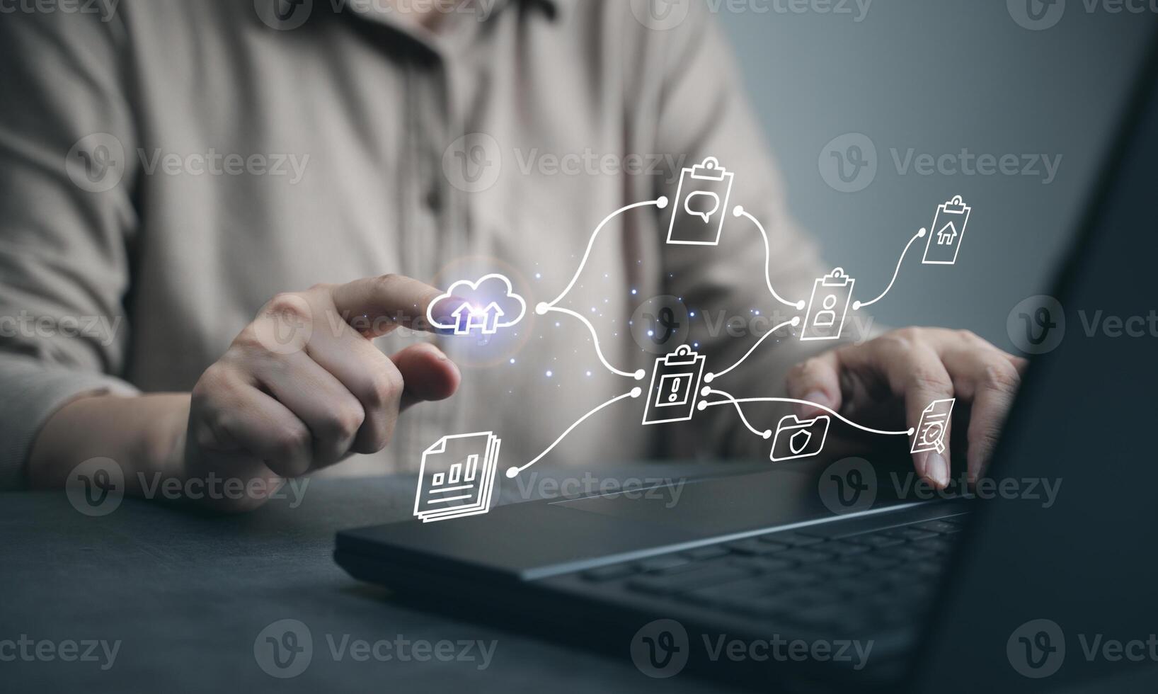 Businessman use laptop. Concept of cloud computing, ducument management system, database storage security technology online system in network connection, paperwork that can share access in cyberspace. photo