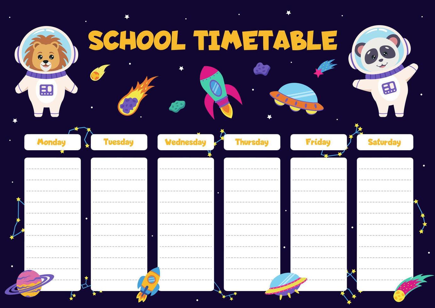 Space animals. School timetable with space elements and animals astronauts. vector