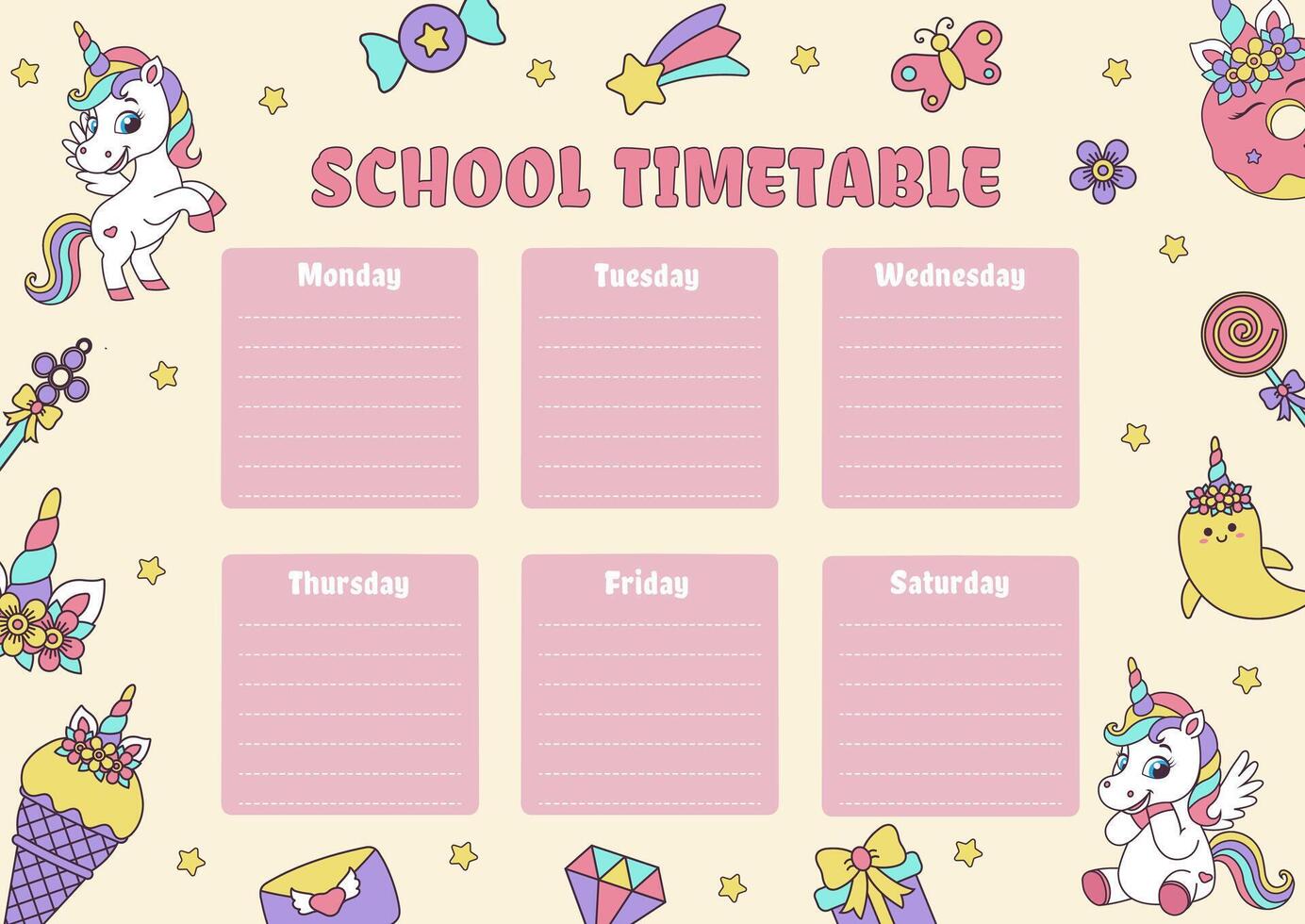 Unicorn school timetable. Timetable with magic elements and unicorns. vector