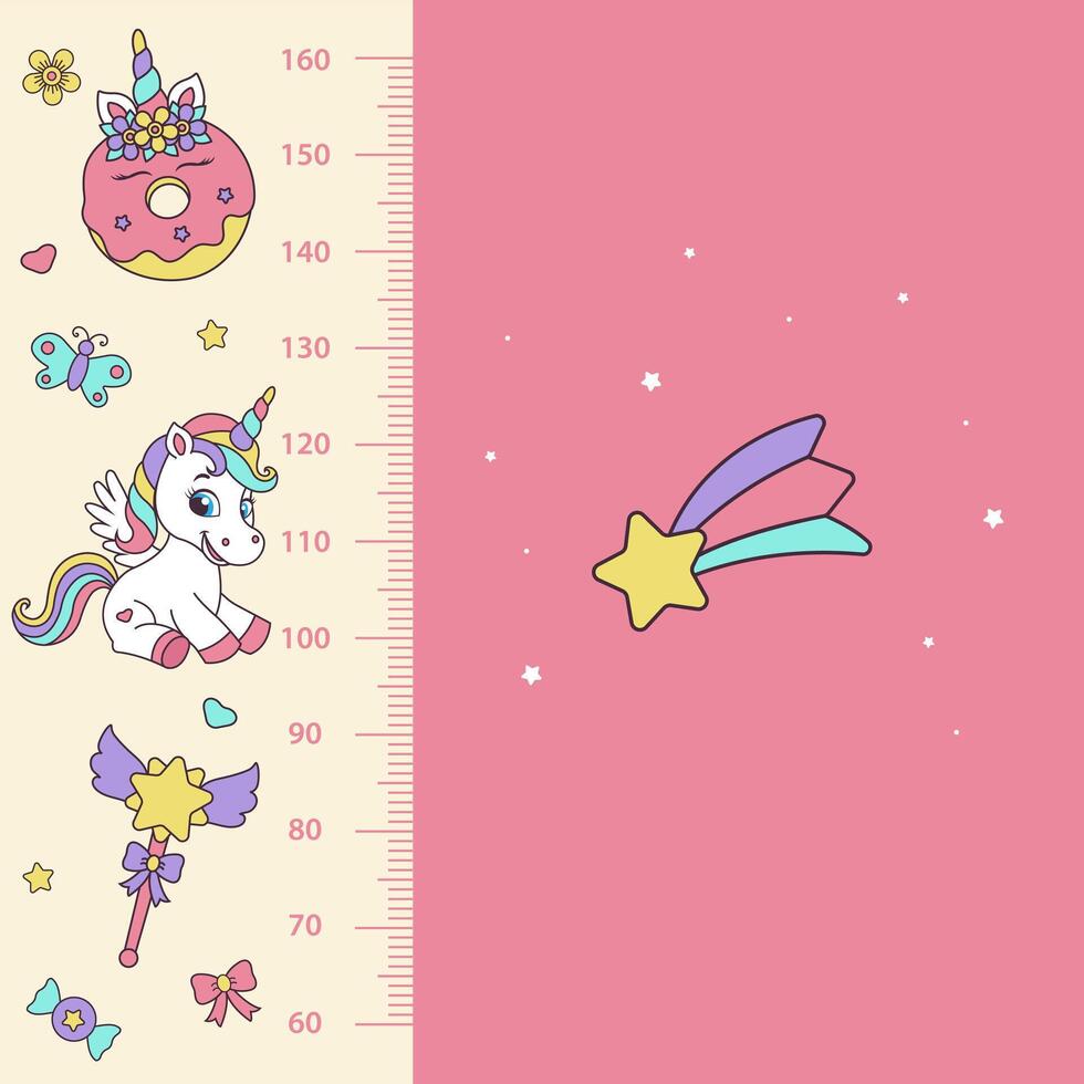Unicorn height chart. Height chart with magic elements and unicorn. vector