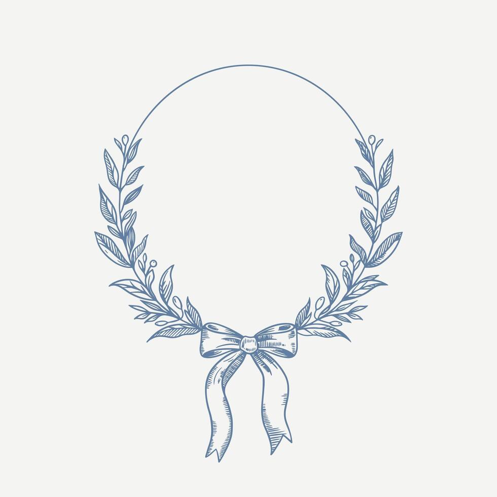 Botanical blue wedding frame or wreath on white background. Hand drawn floral, flower, leaf branch in toile de jouy style. Line art for wedding, monogram, invitation, greeting, logo, birthday cards vector