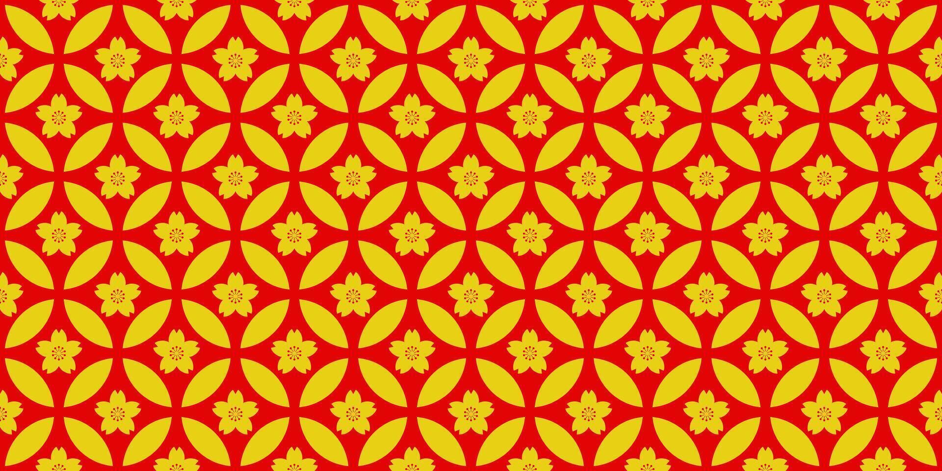 Geometric Asian line art seamless pattern with oriental traditional shapes flowers ornament, waves. Red and gold Japanese print for lunar chinese new year decoration. Luxury retro illustration vector