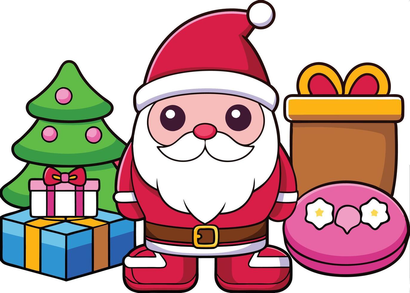 A cartoon santa claus with gifts and a tree vector