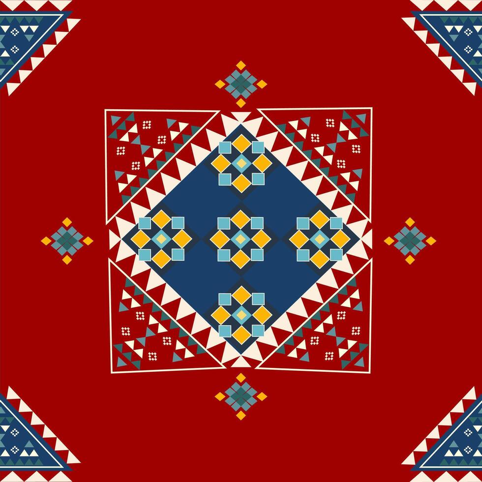 Red and blue Seamless geometric pattern in a style of traditionally ethnic, tribal, navajo with the diamond and triangle shapes vector