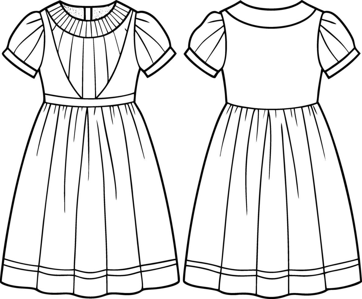 Stylish Pleated Yoke Dress with Puff Sleeves and Gathered Skirt vector