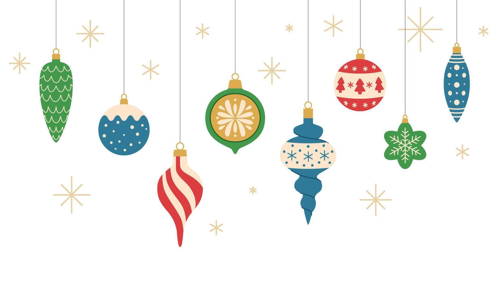 Hanging Christmas baubles in vintage retro style. Cute Christmas flat decorations on white background. vector