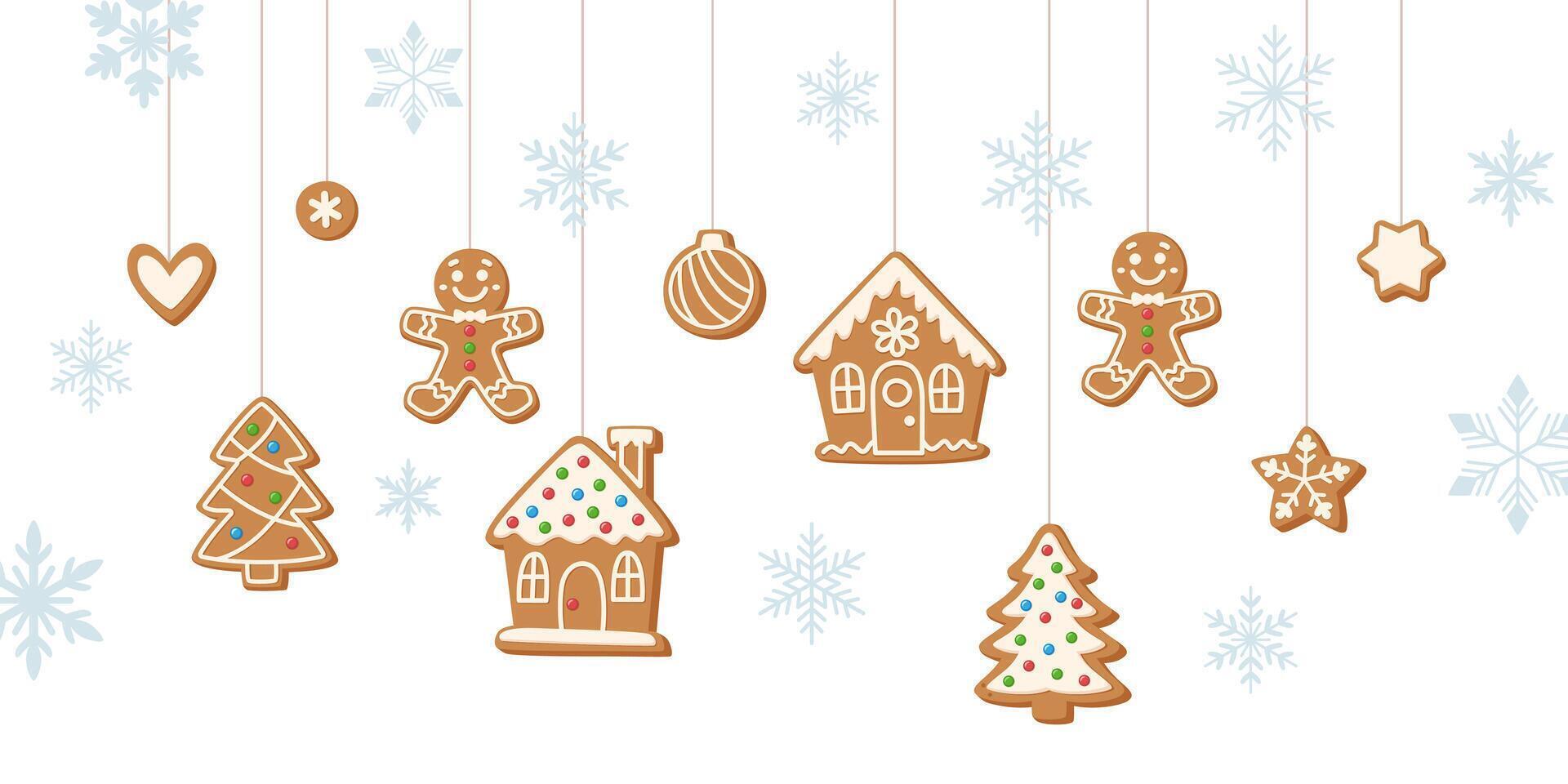 Hanging gingerbread Christmas banner. Gingerbread cookies on strings hanging on snowy background. vector
