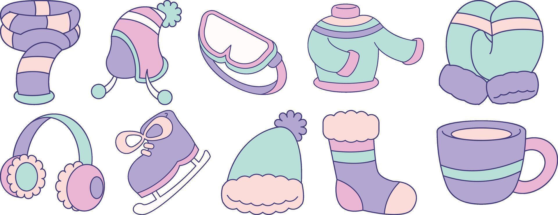 A set of cartoon images of winter clothing and accessories vector