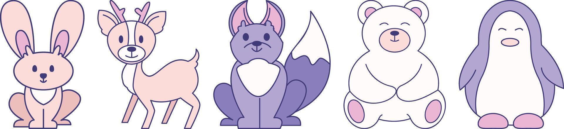 A group of cartoon animals, including a rabbit, a deer, a fox, a bear vector