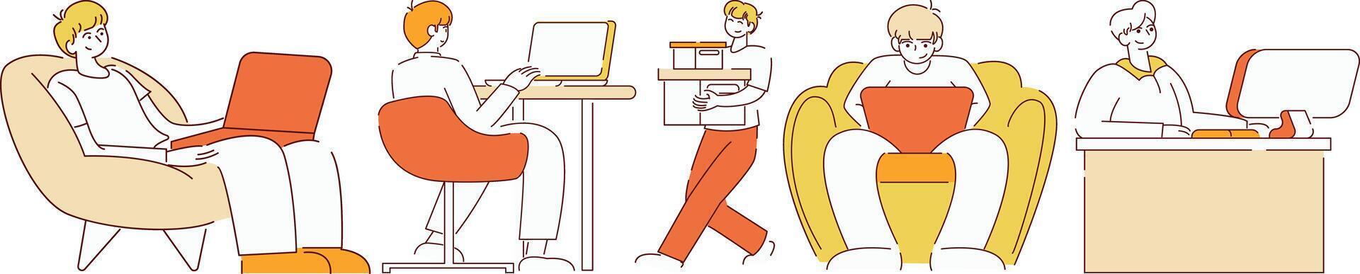 A series of people are shown in various positions, some sitting vector