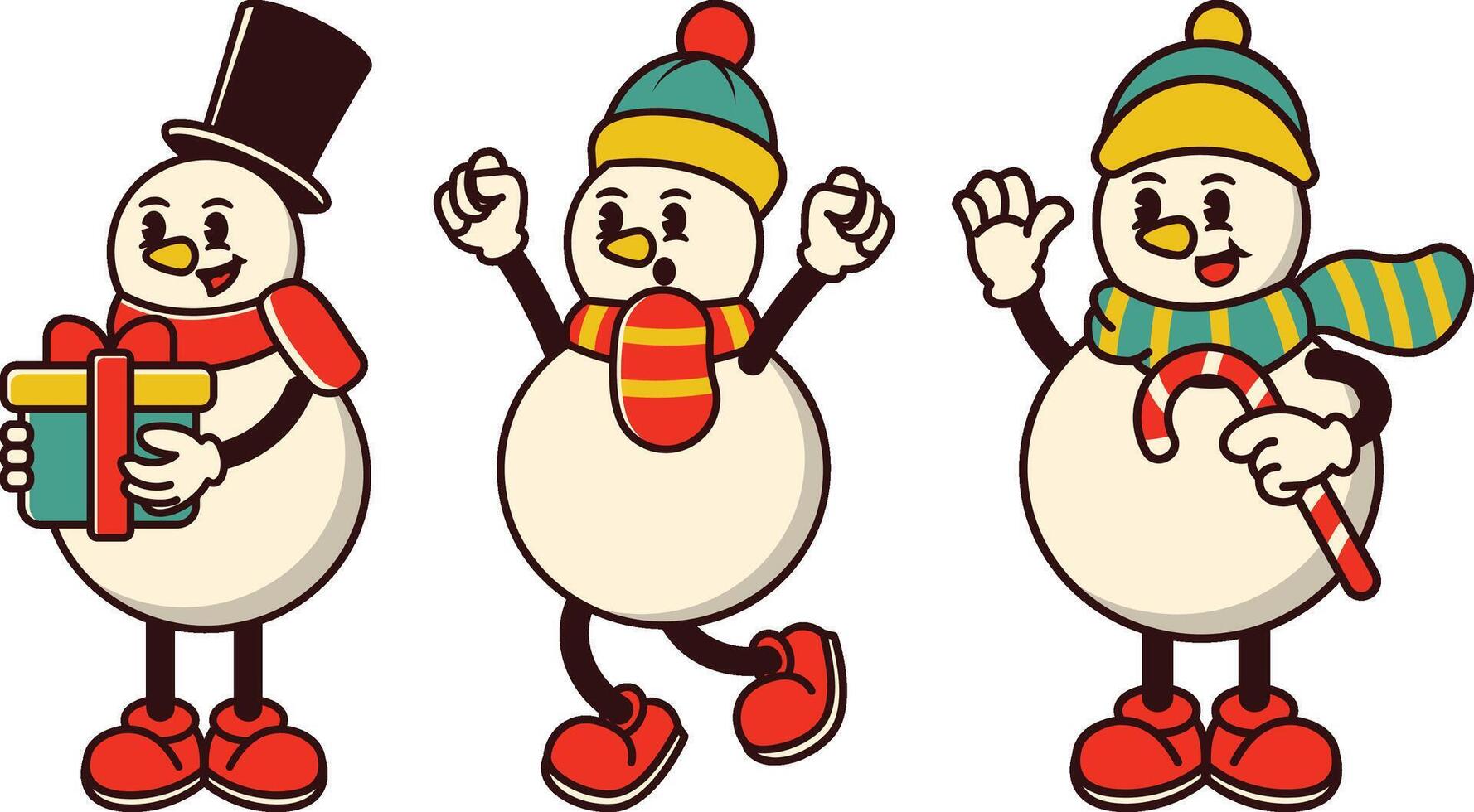 Three cartoon snowmen are holding presents and a candy cane vector