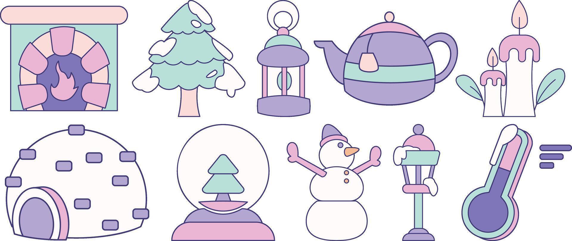 A collection of winter-themed icons, including a snowman, a snow globe, a teapot vector