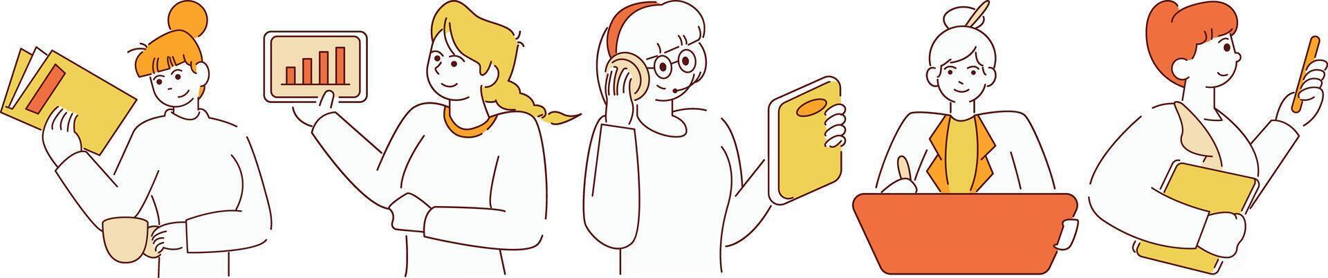 A group of people are shown in a variety of poses, with some holding phones vector