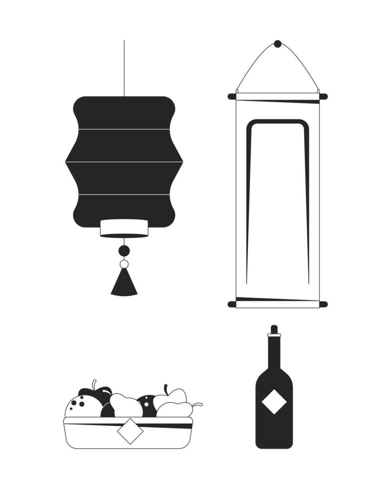 Feng Shui ornaments spring festival black and white 2D line objects set vector