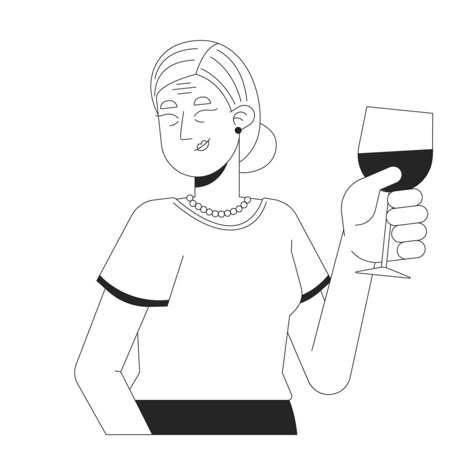Elegant chinese senior woman toasting wineglass black and white 2D line character vector