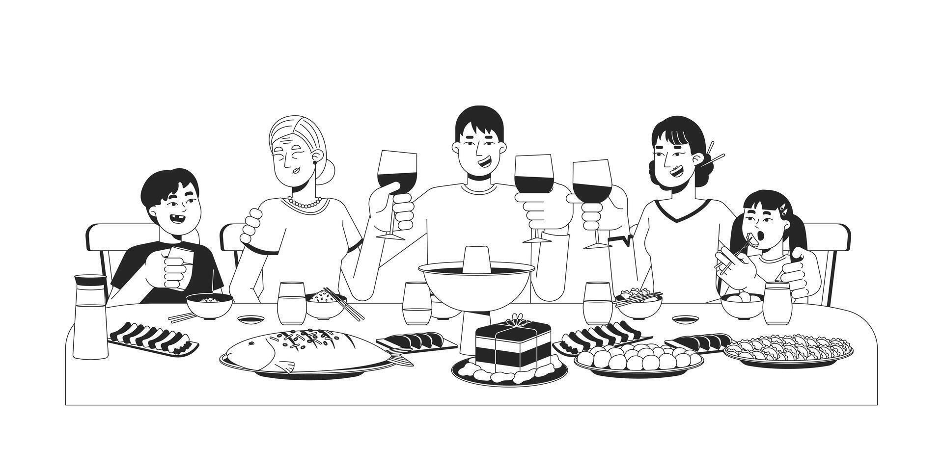 Chinese family reunion dinner black and white 2D line characters. Meal on spring festival. Asian parents with children toasting glasses isolated outline people. Monochromatic spot illustration vector