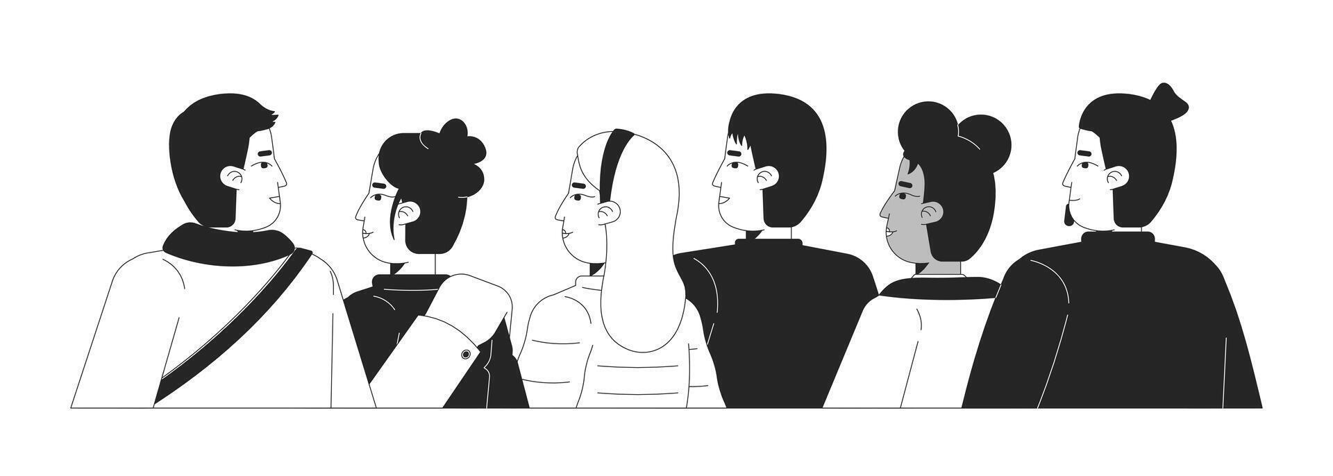 Urban diverse people in winter outerwear gazing black and white 2D line characters vector