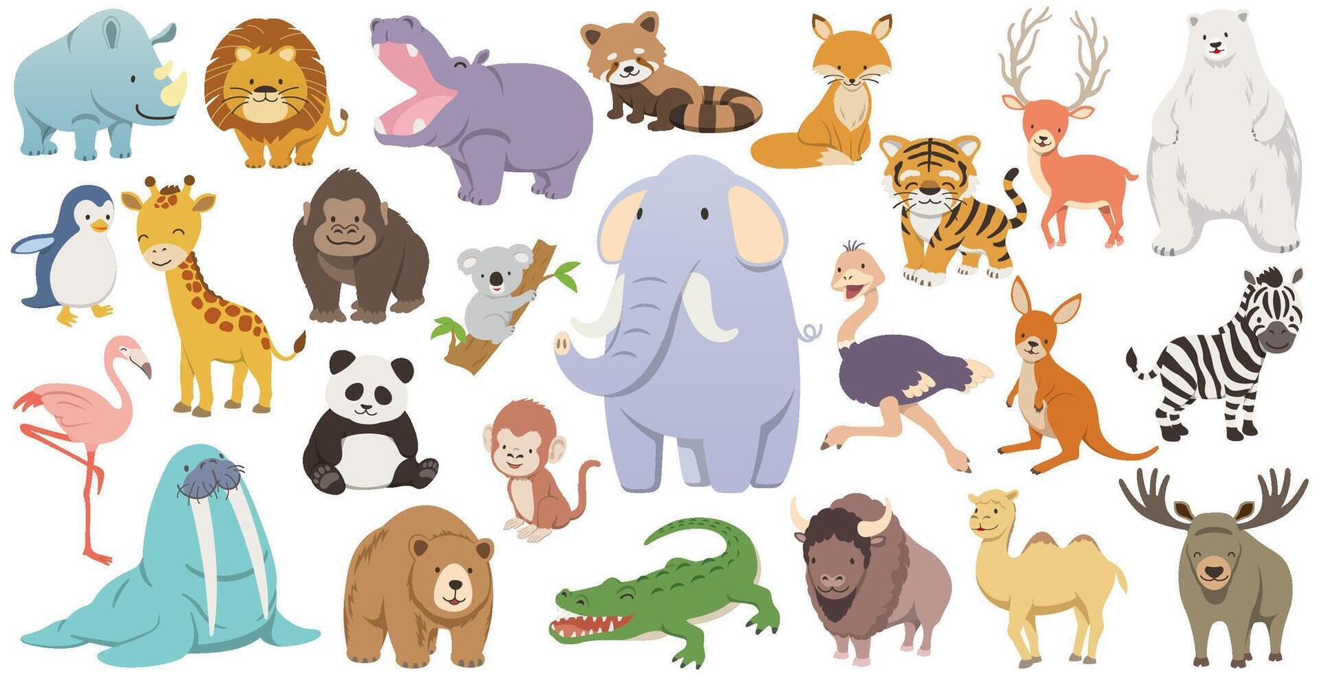 Cute Cartoonish Wild Animals Illustration Set Isolated On A White Background. vector