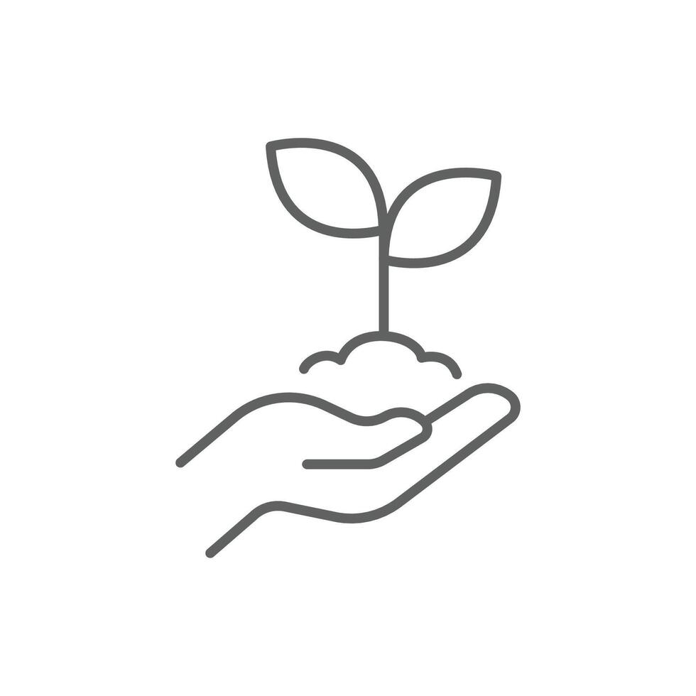 Plant in hand icon. Simple outline style. Hand holding plant with leaves, tree, grow, leaf, sprout, seedling, nature, ecology concept. Thin line symbol. Illustration isolated. Editable stroke. vector