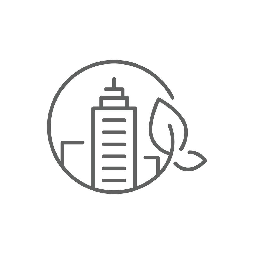 Green city icon. Simple outline style. Nature, business, house, tree, landscape, construction, building, leaf, environment concept. Thin line symbol. Illustration isolated. Editable stroke. vector