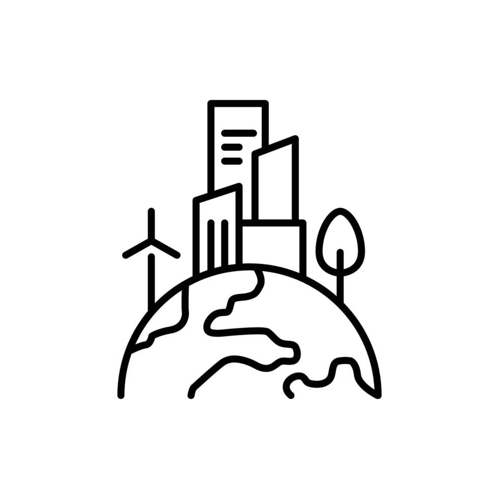 Green town icon. Simple outline style. Clean city, sustainable future, building, house, tree, earth, globe, world environment concept. Thin line symbol. Illustration isolated. vector