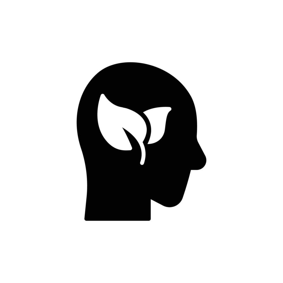 Green thinking icon. Simple solid style. Think green, nature and ecology, person head with leaves, plant, leaf, environment concept. Black silhouette, glyph symbol. Illustration isolated. vector